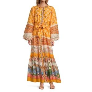 A Loves A Border Print Mandarin Collar Long Sleeve Button Front/Tie Maxi Dress